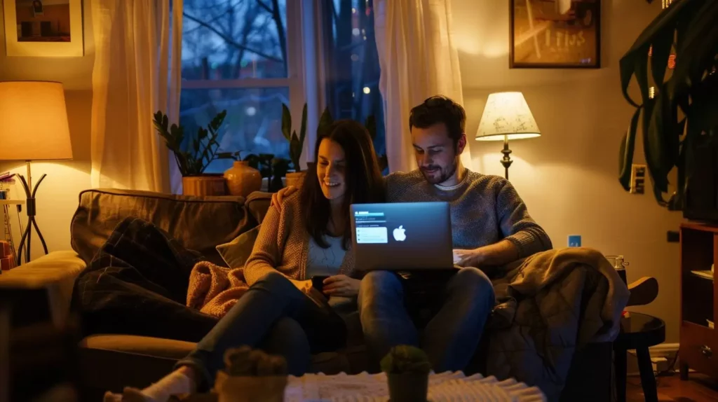 A couple in their 30s researching moving companies in Ottawa.