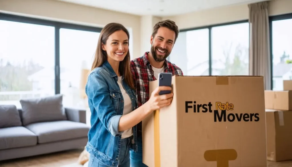 A couple in their 30s unpacking moving boxes in a modern living room